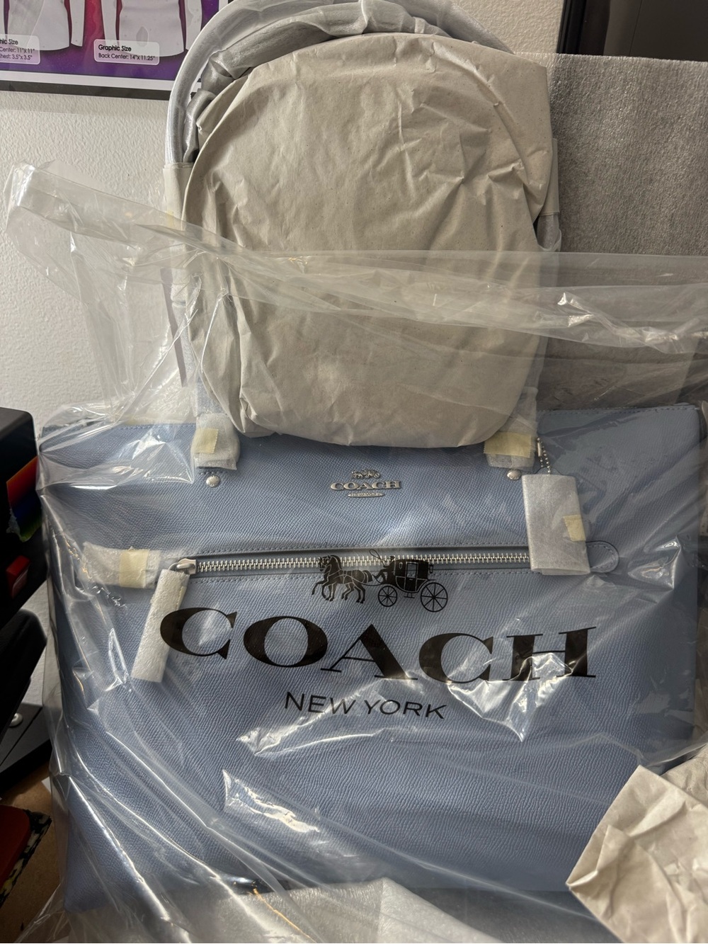 Coach Light Blue Leather Tote with Logo Detail
